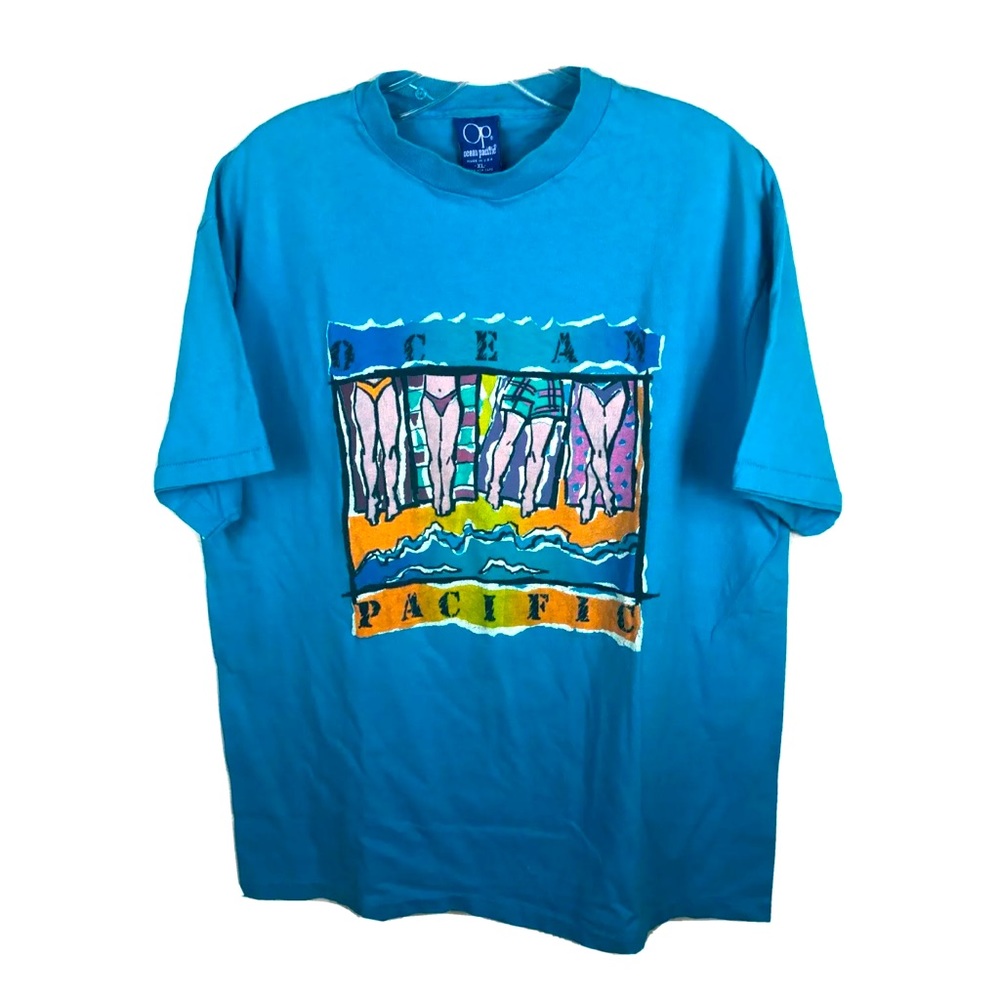Ocean Pacific OP Vtg 1987 Turquoise T-Shirt Beach Sun Tanning - Fits Med/Large